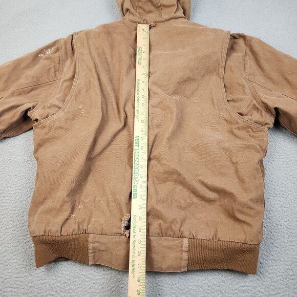 VTG Canvas Jacket Men's XLT Hooded Duck Brown Quilt Lined Workwear Logo THRASHED - Picture 6 of 16